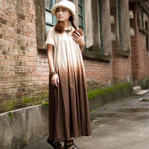 Gradients Printed Fashion Women Long Maxi Dress Mori Girl Cotton Short Sleeve Flippy Loose Large Size Summer Dresses