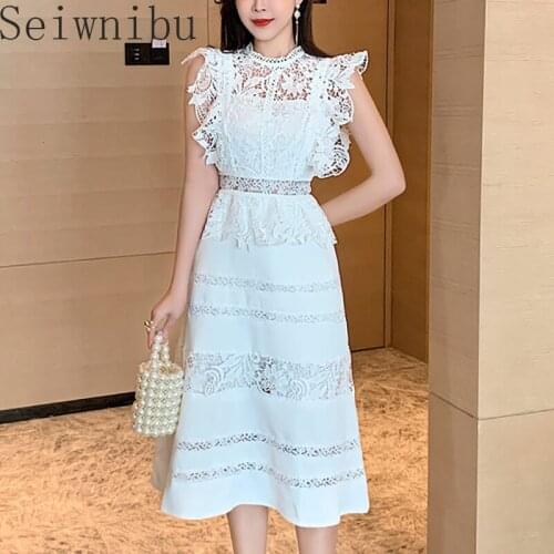 Lace Embroidery Boho Elegant High Waist Dresses Women White 2021 Party Sleeveless Spring Dress Runway A-Line Summer