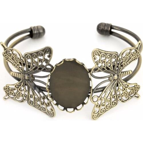 1PC DIY Open Bracelet Findings Antique Bronze Copper Blank Settings Bezel Tray Double Butterfly Bracelet Cabochon Cameo 18x25mm