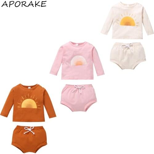 2021 0-24M Toddler Infant Clothing Boys Girls Sum Print Long Sleeve Round Neck Pullover+Tie-up Solid Color Pants Autumn 2pcs Set