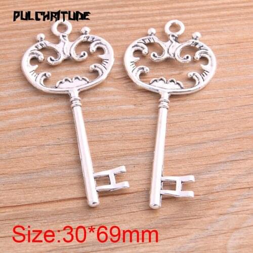 4pcs 30*69mm Antique Silver color Color Hollow Key Charms Pendants Handmade Decoration Vintage For DIY Jewelry Making