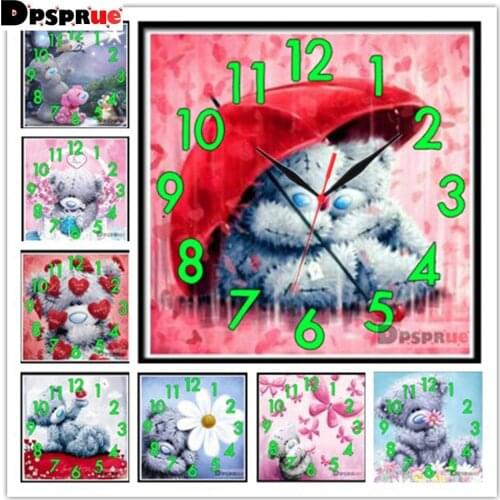 Full Drill Diamond Painting Cross Stitch With Clock Cartoon cute animal bear Mosaic 5D Diy Square Round 3d Embroidery Gift AE886