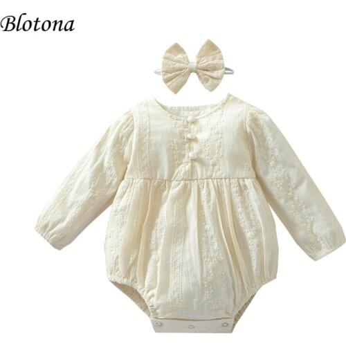 Blotona Baby Girls Casual Long Sleeve Romper Fashion Solid Color Jacquard Jumpsuits and Headband