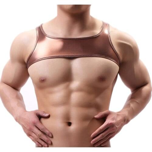 Mens Bodysuit PU Leather Shoulder Strap Crop Top Strong Muscle Chest Harness Stage Dance Clubwear Gay Exotic Men Tank Tops Vest