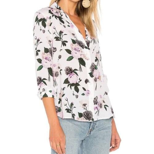 Elfbop Silk 100% Ladies Flower Printed Long Sleeve Blouse Shirt - Stylish Printed Casual Shirt Top