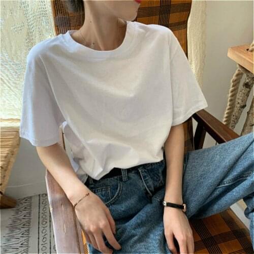 S-XXL Polyester Skateboarding Tees Women Summer New Oversized Solid Tees 18 Color Casual Loose Tees Korean O Neck Female Tops
