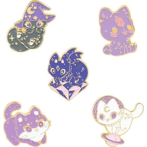 HOSENG Purple Color Series Cartoon Witch Cap Cat Mental Romantic Brooch Fashion Lapel Collar Badge Enamel Jewelry Pin HS_270