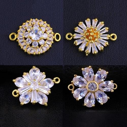 Juya DIY Womens Jewelry Findings Cubic Zirconia Flower Connectors Accessories For Needlework Jewelry Bracelets Earrings Making