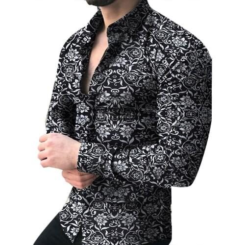 Fashion Men Long Sleeve Floral Print Shirt Spring Autumn Shirts Men Dress Camisa Slim Fits Button Lapels Collar