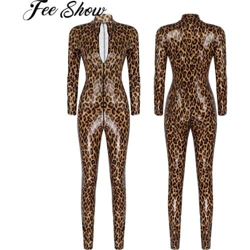 Womens Fashion Leopard Print Jumpsuit Costumes Patent Leather Catsuit Latex Bodysuit Leotard Long Sleeve Zipper Slim Fit Catsuit