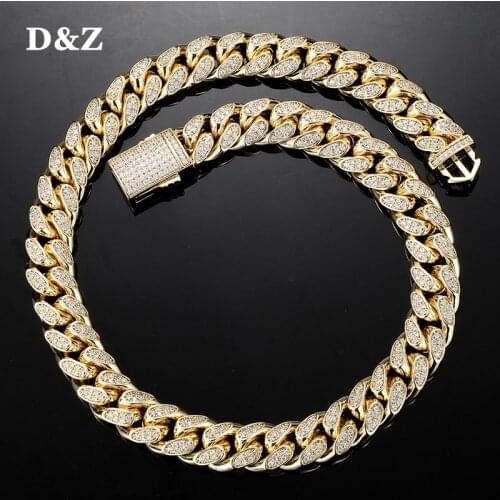 D&Z New 14mm Miami Cuban Link Chain Spring Buckle Bling Iced Out Cubic Zirconia Necklace With Solid Back For Men Jewelry