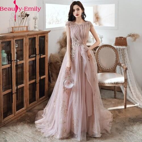 Charming Sequined Appliques O-neck Evening Dresses Long A Line Floor Length Short Sleeve Pink Lace Up Back Formal Party Dress