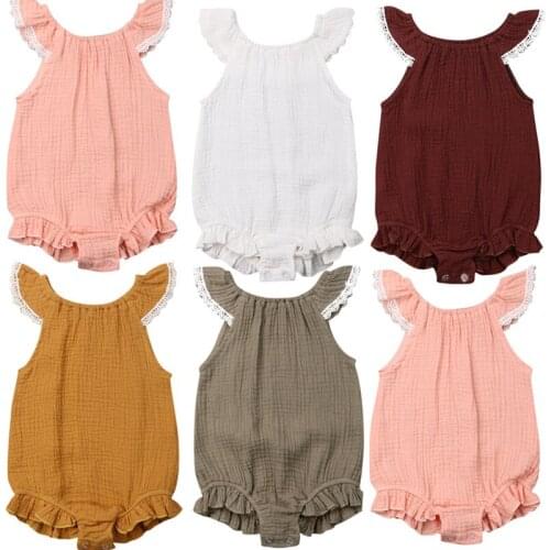 Newborn Infant Baby Girls Ruffle Romper Jumpsuit Cotton Linen Fly Sleeves One-pieces Baby Summer Clothing 0-24 Months