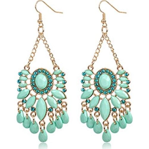 Luxury Bohemian Green Crystal Rhinestone Long Drop Pendant Earrings Acrylic Earrings Vintage Jewelry For Women Female