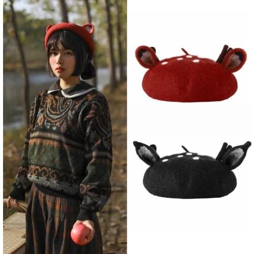 Beanie Hat Women Girls Beret French Artist Warm Christmas Beret Cap Cute 3D Reindeer Antler Ears Faux Felt Painter Hat Caps KLV