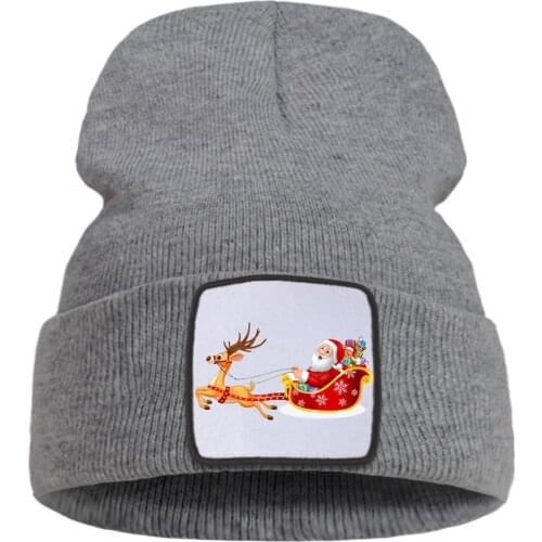 Running Deer And Santa Claus Christmas Print Hat Winter Women Warm Hip Hop Men Knitted Hats Solid Color Simple Beanies For Women