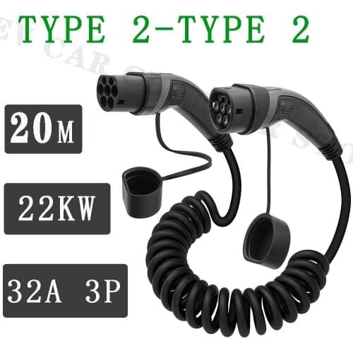 20M EV Charging spiral Cable 32A 22KW Three Phase Electric Vehicle Cord for EVSE Car Charger Station Type 2 Female to Male Plug