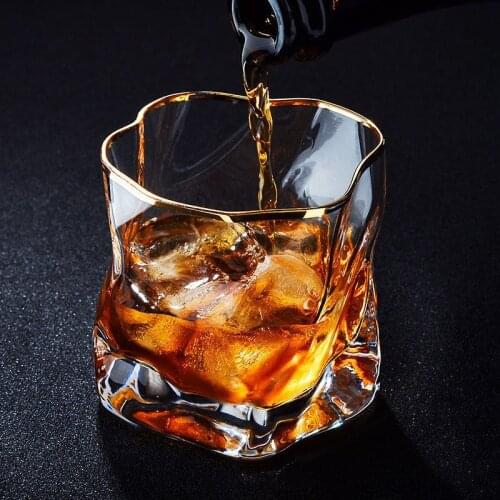 300ML Diamond Crystal Glass Cup Irregular Cocktail Whiskey Brandy Beer Glass Home Party Bar Club Drinkware Golden Rim Glass Cups