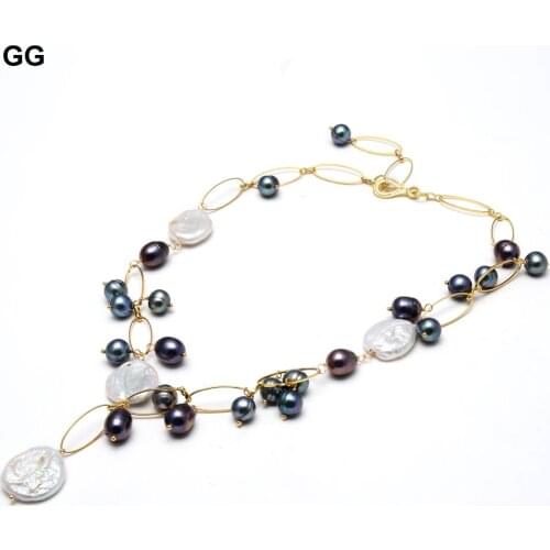 GuaiGuai Jewelry Natural White Keshi Coin Pearl Chain Pendant Black Pearl Necklace 21'' For Women