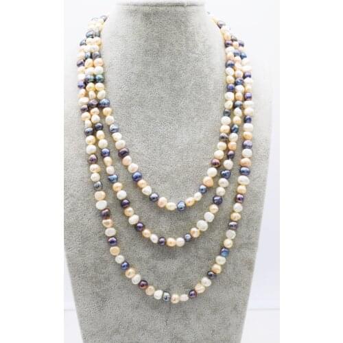Frershwater pearl 6-8mm white/pink/black flat baroque long necklace 65inch wholesale beads nature FPPJ woman 2019