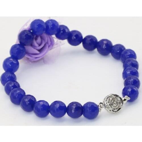 Bohemia style high grade 8mm faceted round beads bracelets for women blue natural stone jdes chalcedony jewelry 8inch B2710