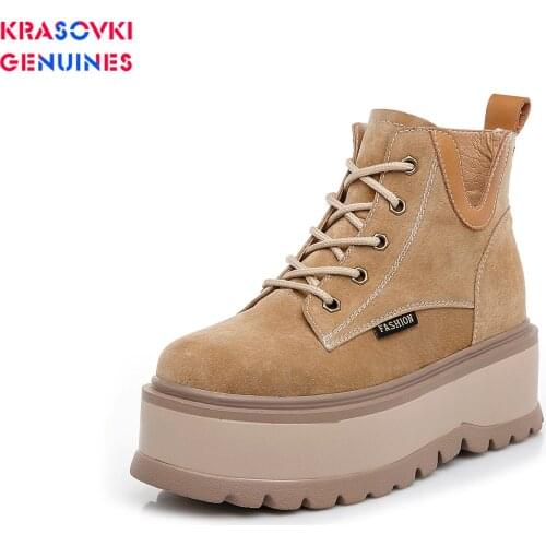 Autumn Winter Boots Ankle Fur Leather Heels Botas Mujer Women Boots Genuine Leather Boots With Flat Platform Boots Women Shoes