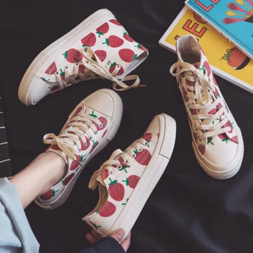 Womens Canvas Shoes Strawberry Plate Shoes Web Celebrity Casual Shoe Cute Women Cartoon High-top Low-top Candy Color Footwear