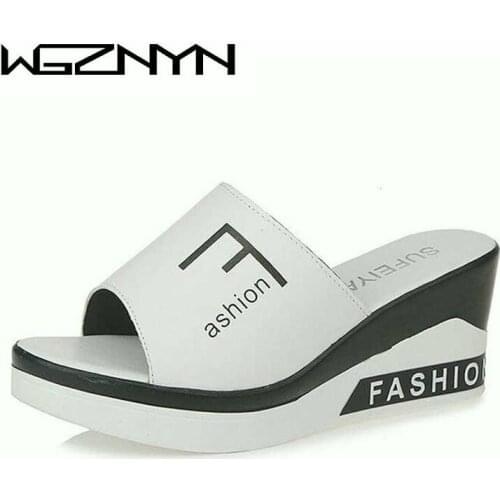 2020 New Style Slipper High Heel Wedges Women Slides Leather High Quality Black Outsite Sexy Ladies Platform Females Slipper W26