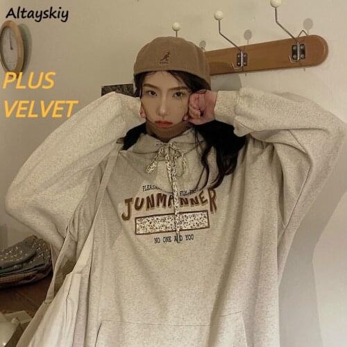 Hoodies Women Letter Thicker Plus Velvet Korean Style Chic Leisure All-match College Student Teens Girls Unisex Ulzzang Spring