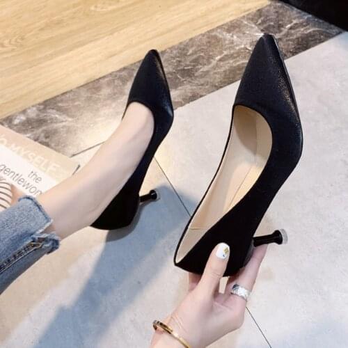 LLOGAI 2021 New Zapatos Dama Women Cute Pointed Toe Slip on Stiletto Heels Ladies Fashion Sweet Pu Leather High Heel Shoes 34-42