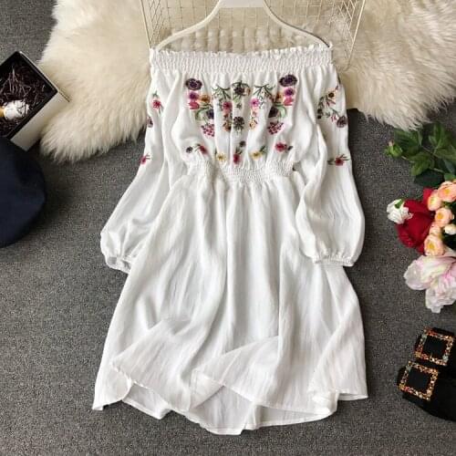 Women dresses lady dresses Women Off The Shoulder slash neck Long Sleeve embroidery Dress TB1094