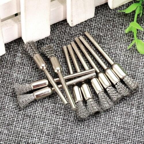 10Pcs 6mm Pen Shape End Brushes Stainless Steel Wire Brush Wheel Drill End 3mm/ 3/25" Shank Cleaning Polishing Power Rotary Tool