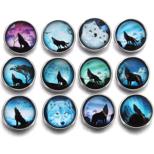 10pcs/lot New Exotic Night Wolf Glass Snap Button Jewelry Random Mixed Colors 18mm Glass Snap Buttons Bracelet For Women Men