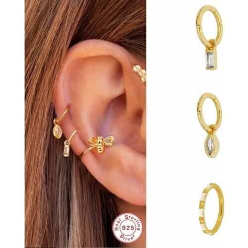 100% Real 925 Sterling Silver Zircon Cartilage Hoop Earrings For Woman Girl Ear Bone Buckle Piercing Pendientes Fine Jewerly