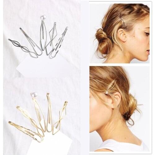 50set/lot 5pcs/set DIY Simple Multi Alloy Geometry Rhombus Hair Clips Pearl Hairpins Hair Styling Tools Accessories HA1462