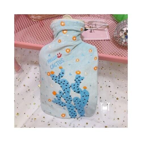 Free shipping light blue cactus pattern hot water bag cute cartoon printed plush water filling portable mini hot water bag 500ml