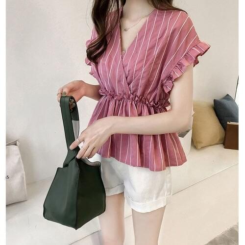 Blouse Women Summer Ruffle Sleeve V-neck Striped Shirt for Women Blusas Ropa De Mujer
