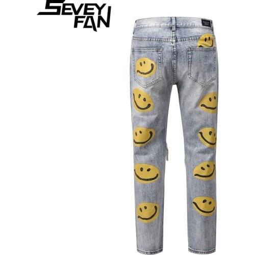 SEVEYFAN Smile Face Full Printed Jeans Mens Washed Stretch Slim Pencil Denim Pants Hip Hop Trousers