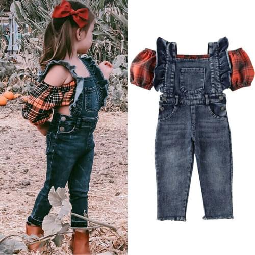 FOCUSNORM 1-6Y Fashion Kids Baby Girl Clothes Sets Plaid Print Balloon Sleeve Vest Crop Top Denim Suspender Pants Outfit