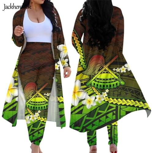 Jackherelook Samoa Hawaiian Hibiscus Plumeria Print Women 2 Piece Outfits Set Polynesain Tattoo Style Open Front Cardigan Pants