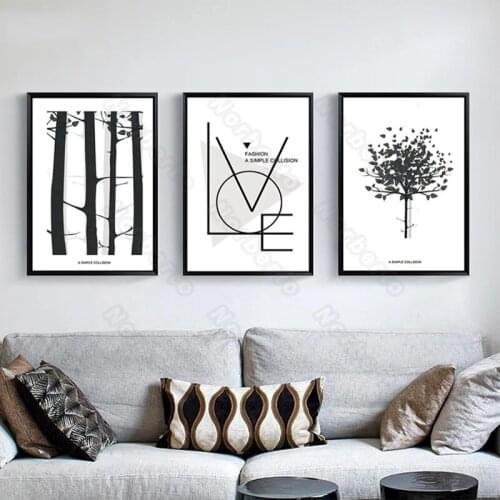 Nordic Style Canvas Painting Poster Minimalist Black and White Plants Picture Forest Trees Letter Love for Home Rooms Wall Decor