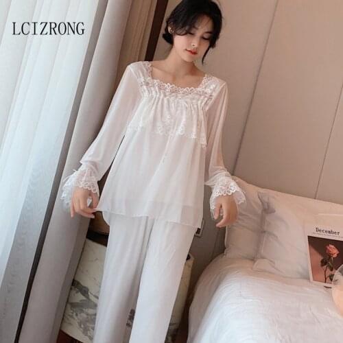 Princess Lace Transparent Long Pajamas Set Women Long Sleeve Slim White Sleepwear Nightgown Elegant Ladies Home Clothes Female