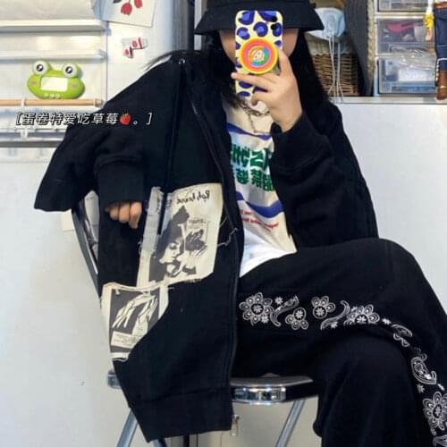 Dark Street Retro Patch High Street Hip Hop Loose Hooded Jacket Sweater Top Student Girl Trend y2k tops E-girl jaqueta feminina