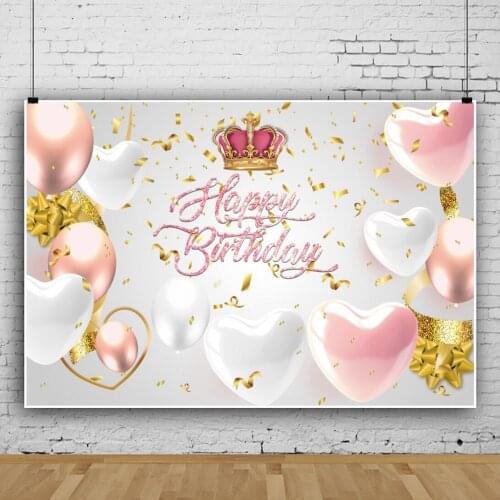Laeacco Pink Love Heart Balloons Red Crown Gold Ribbon Happy Birthday Party Family Photocall Background Photographic Backdrops