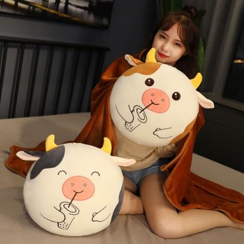 Kawaii Milk Cow Plush Toys Cartoon Bubble Tea Cattle Pillow with Blanket Stuffed Animal Doll Hand Warmer Sleep Cushion Kids Gift