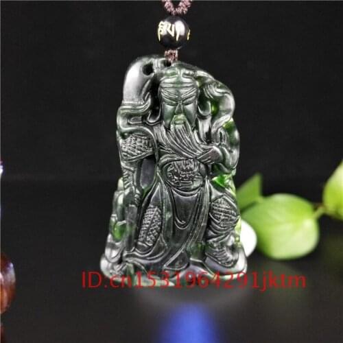 Men Black Carved Pendant Guanyu Jewelry Green Accessories Natural Jade Obsidian Charm Amulet for Necklace Chinese Gifts