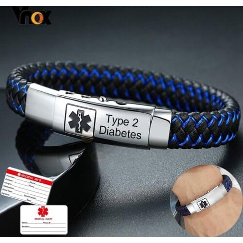 Vnox Free Engraving Personalized Medical Bracelets for Men Stylish Braided Leather Gents ID Emergency Reminder Bangle