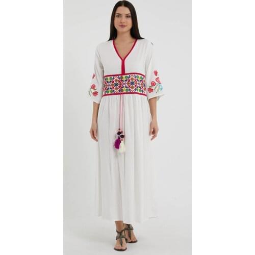 Embroidered Pompom Detailed Tasseled V-Neck Viscose Fabric Long Dress 2021 New Season Womens Clothing Boho Style Summer Fashion