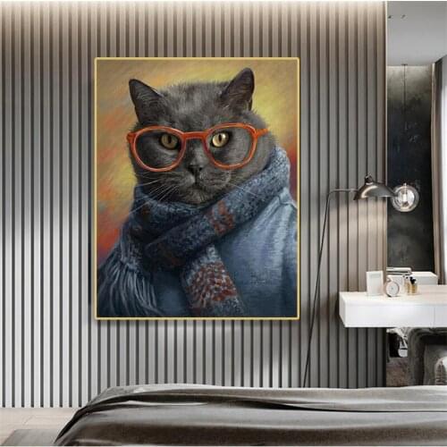 Cute Animal Cat with Glassis Art Poster Prints British Chorthair Cat Artwork Canvas Painiting Cuadors Wall Art Room Home Decor