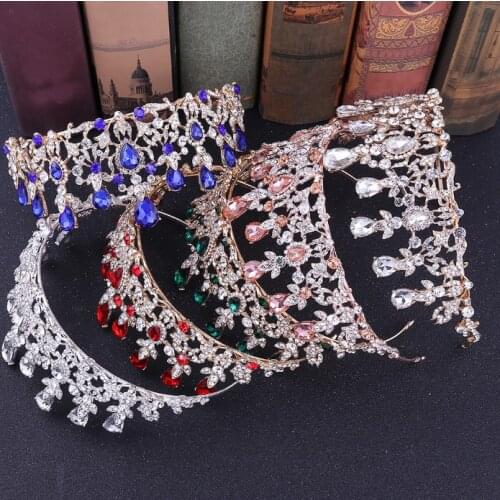 Luxury Rhinestone Heart Bridal Tiara Crown green Blue Red Orange Crystal Diadem Veil Tiaras Wedding Hair Accessories Headpieces